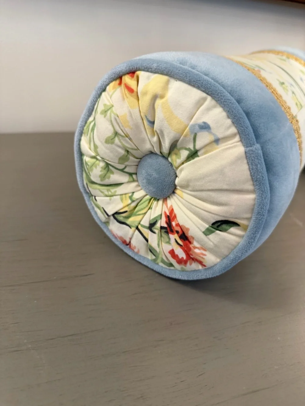 Vintage Bolster Pillow Floral Chintz & Blue Velvet Fabric Gold Trim Button Ends - Picture 7 of 9
